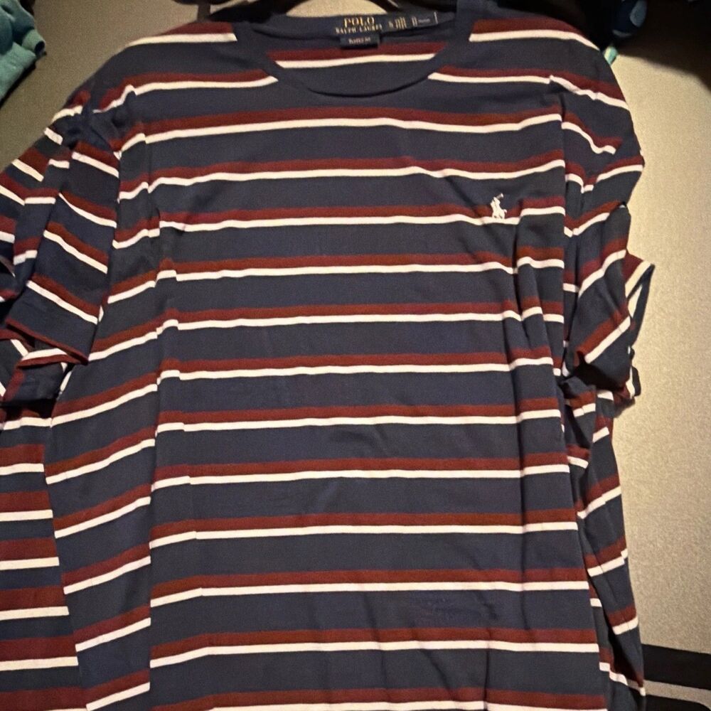 Polo Ralph Lauren Men's XL Navy Burgundy White Striped Pony Logo T-Shirt SS